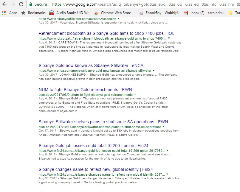 Screenshot of a Google news search for Sibanye Gold over one year, showing the adverse news flow that broke the pair correlation.